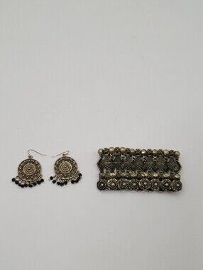 Bronze Gold Tone Metal Medallion Dangle Earrings Stretch Bracelet Set Boho Aztec
